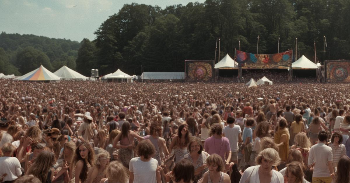 Szeroki kadr przedstawiający tłum ludzi na festiwalu muzycznym w stylu Woodstock, ubranych w stroje hippie, tańczących i bawiących się. W tle widoczne namioty, flagi i scena.