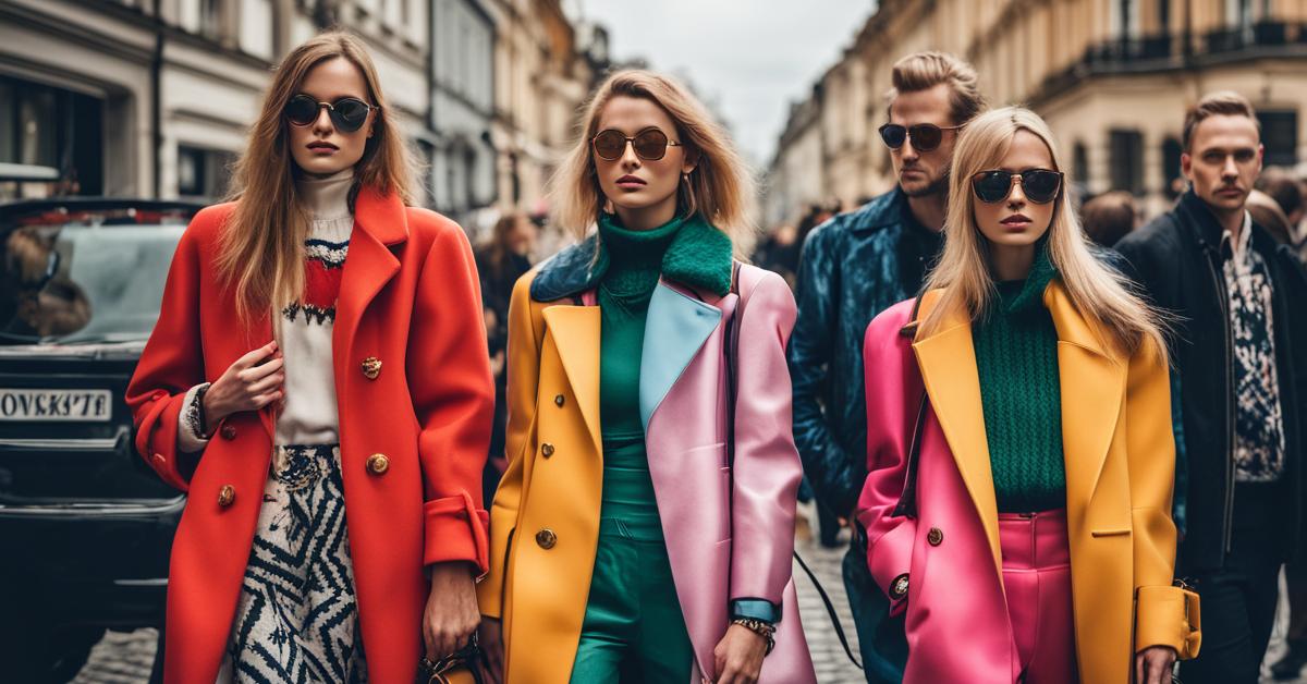 Zdjęcie w stylu street style, przedstawiające różnorodne osoby w Polsce, które łączą luksusowe elementy garderoby z własnym, unikatowym stylem, na tle tętniącej życiem ulicy miasta.