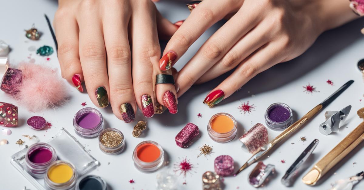 Zdjęcie z góry przedstawiające dłoń kobiety z częściowo ukończonym świątecznym manicure, otoczoną narzędziami i materiałami do zdobienia paznokci, pokazujące techniki: malowanie ręczne, naklejki i brokat.