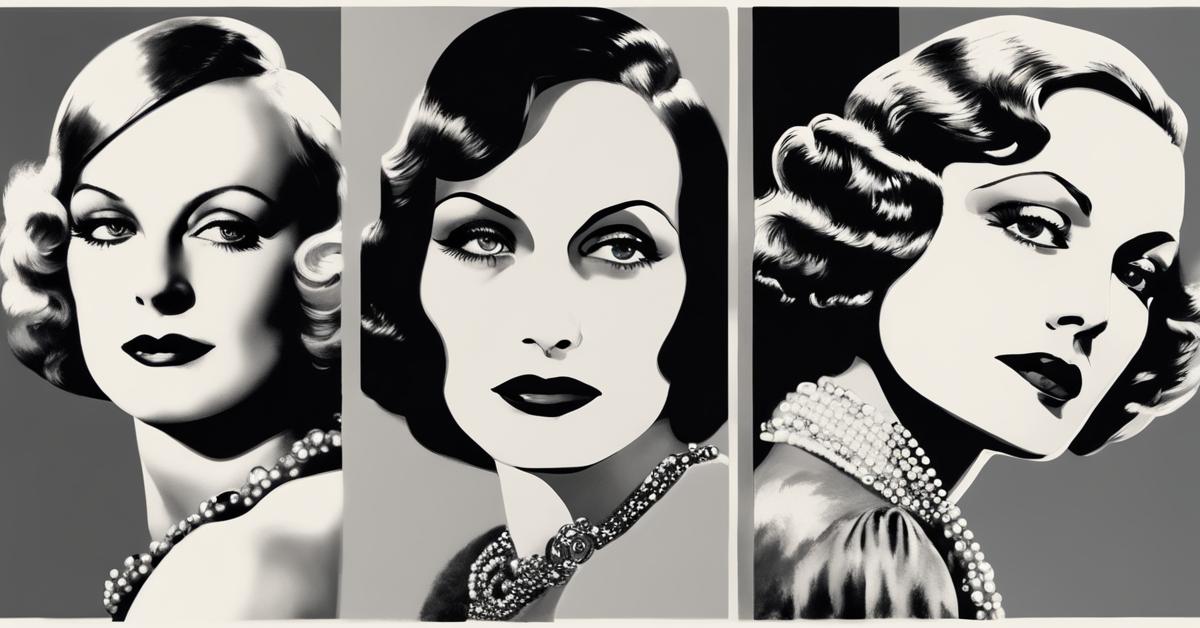 Czarno-biały portret trzech ikon mody lat 20.: Grety Garbo, Joan Crawford i Marlene Dietrich w stylizacjach z epoki.