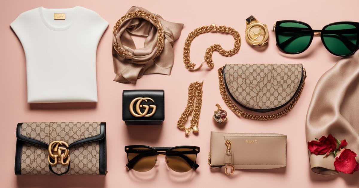 Stylowa kompozycja flat lay z torebką Gucci Dionysus lub Marmont w otoczeniu modnych dodatków.