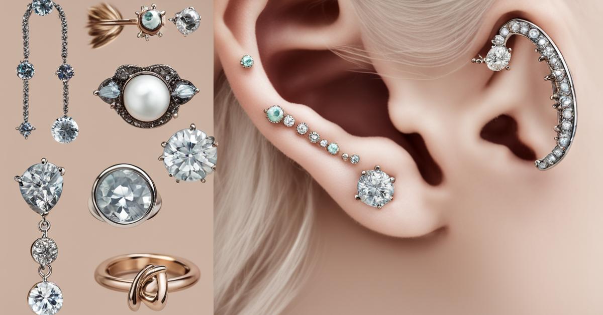 Przekłucia chrząstki ucha: helix, tragus, daith, conch i rook z różnymi kolczykami.