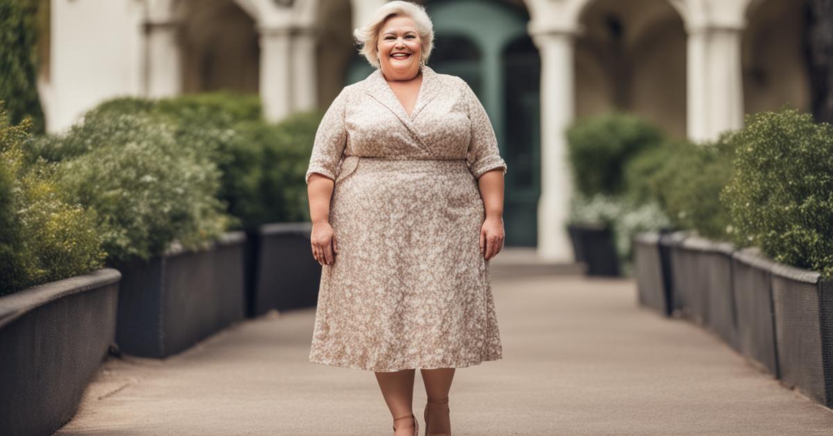 Pewna siebie i stylowa kobieta plus size po 60-tce, uśmiechnięta i swobodnie ubrana w dobrze skrojony, elegancki strój, prezentująca pozytywne podejście do ciała i własny styl.