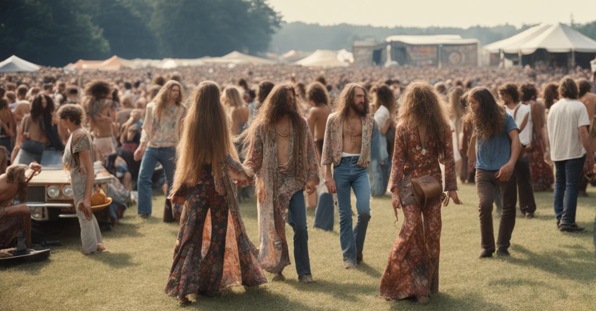 Szerokie ujęcie grupy ludzi na Woodstock, oddające esencję stylu hipisowskiego z ich długimi włosami, ubraniami w kwiatowe wzory, dzwonami i swobodnymi pozami, z naciskiem na wolnego ducha, naturalną i artystyczną atmosferę festiwalu.