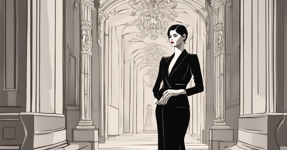Kobieta w czarnej sukience i eleganckiej marynarce na formalnym przyjęciu.