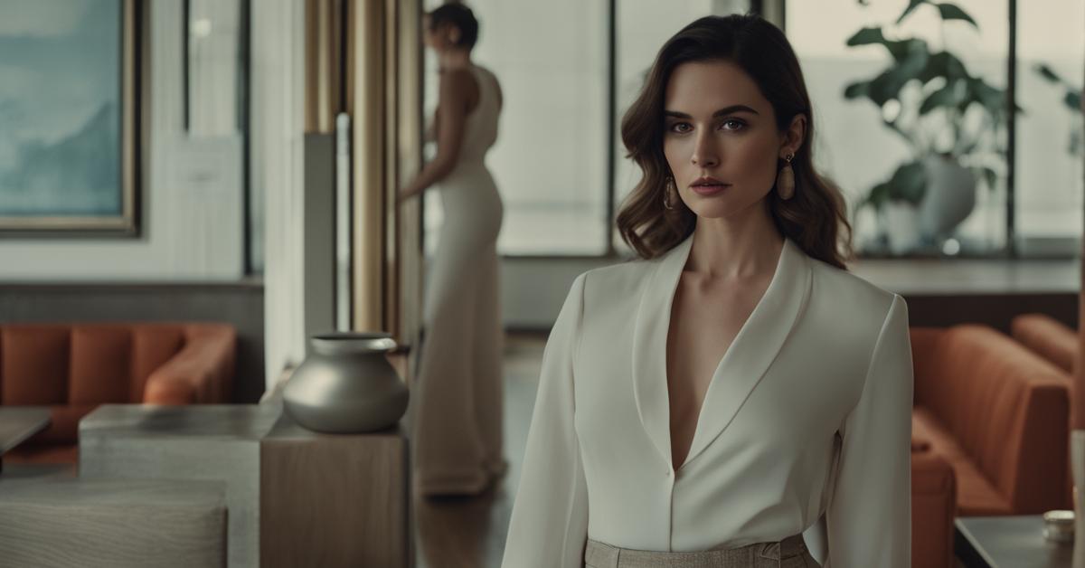 Stylowa stylizacja ze spodniami i elegancką bluzką w modnym barze.