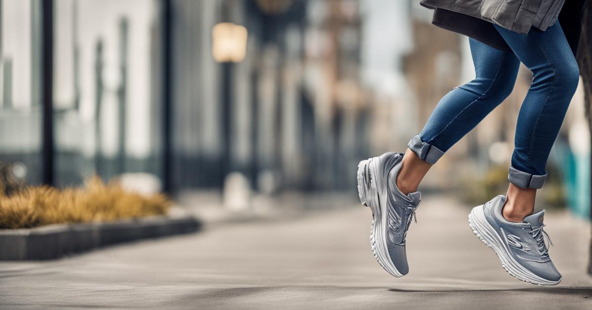 Osoba wsuwająca stopę do buta Skechers z linii Hands Free Slip-ins, akcentując łatwość i szybkość zakładania.