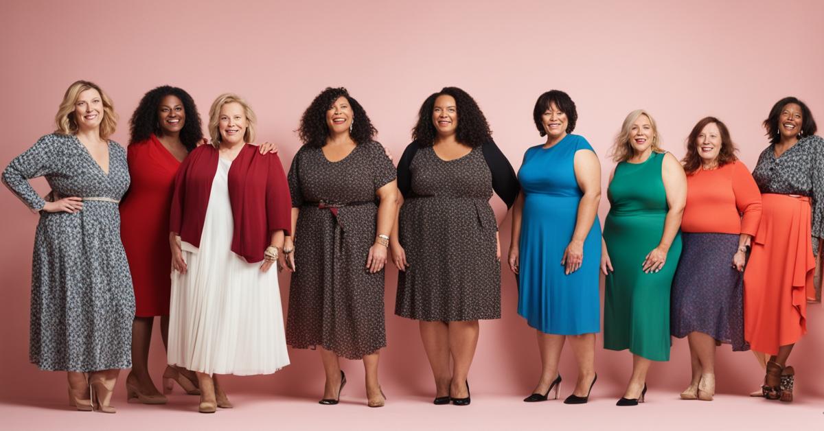 Różnorodne stylizacje plus size na modelkach po 50-tce: sukienki, spódnice, bluzki i tuniki w studio.