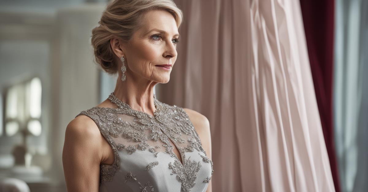 Dojrzała kobieta prezentująca elegancką sukienkę wieczorową, z uwzględnieniem detali i wykończenia.