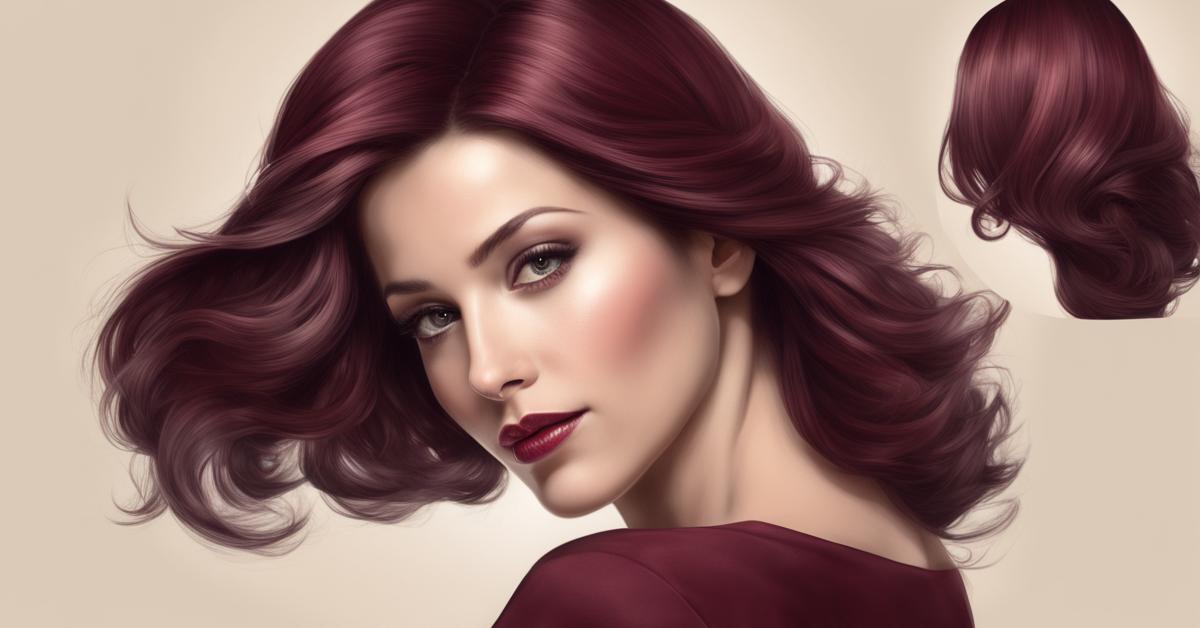 Portret kobiety z elegancką fryzurą w odcieniu głębokiego burgundu, z połyskiem, na ciemnym, jednolitym tle, z wyeksponowaną teksturą i intensywnością koloru.