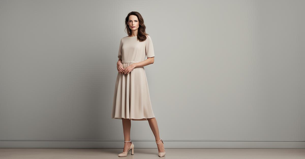 Kobieta w eleganckiej beżowej sukience midi, doskonała stylizacja na komunię dla mamy.