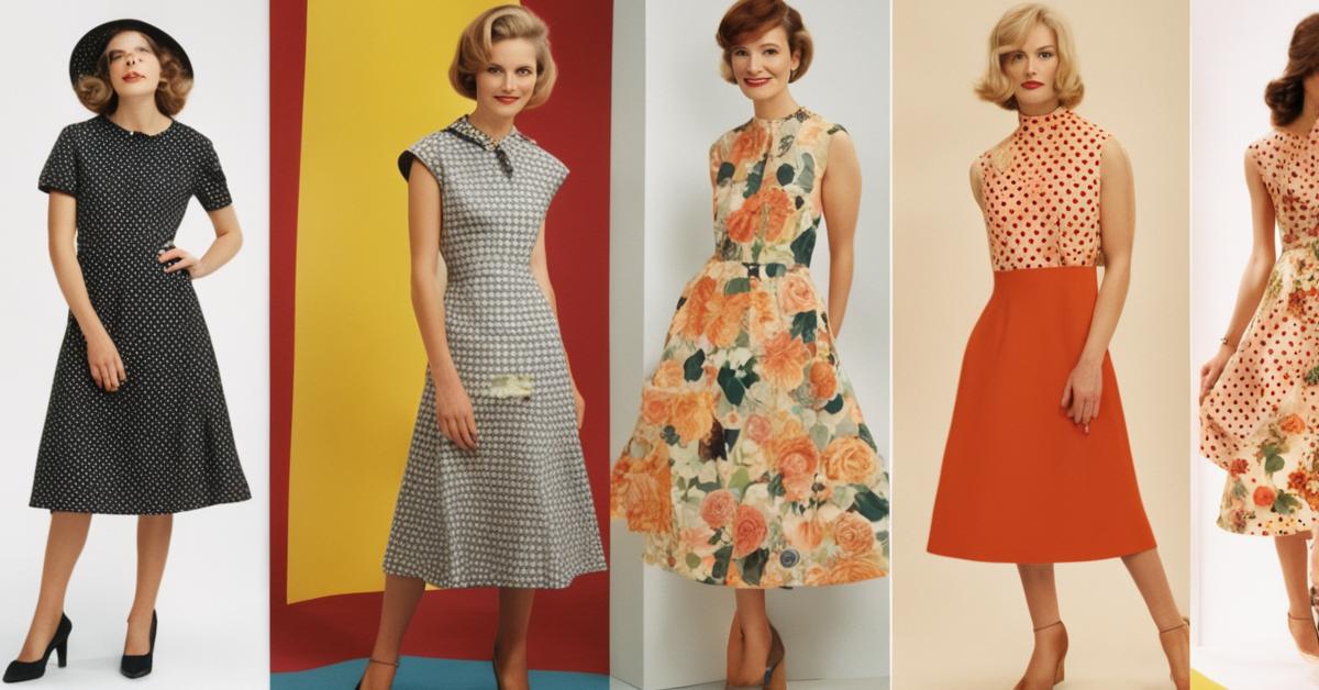 Kolaż vintage zdjęć i wycinków z magazynów z lat 60.-80., prezentujący różne style sukienek damskich, z naciskiem na wzory retro i fasony.