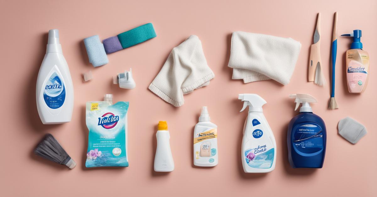 Zestaw produktów do pielęgnacji odzieży, w tym detergent, płyn do płukania, szczotka do usuwania kłaczków i parownica, z metką od ubrania.