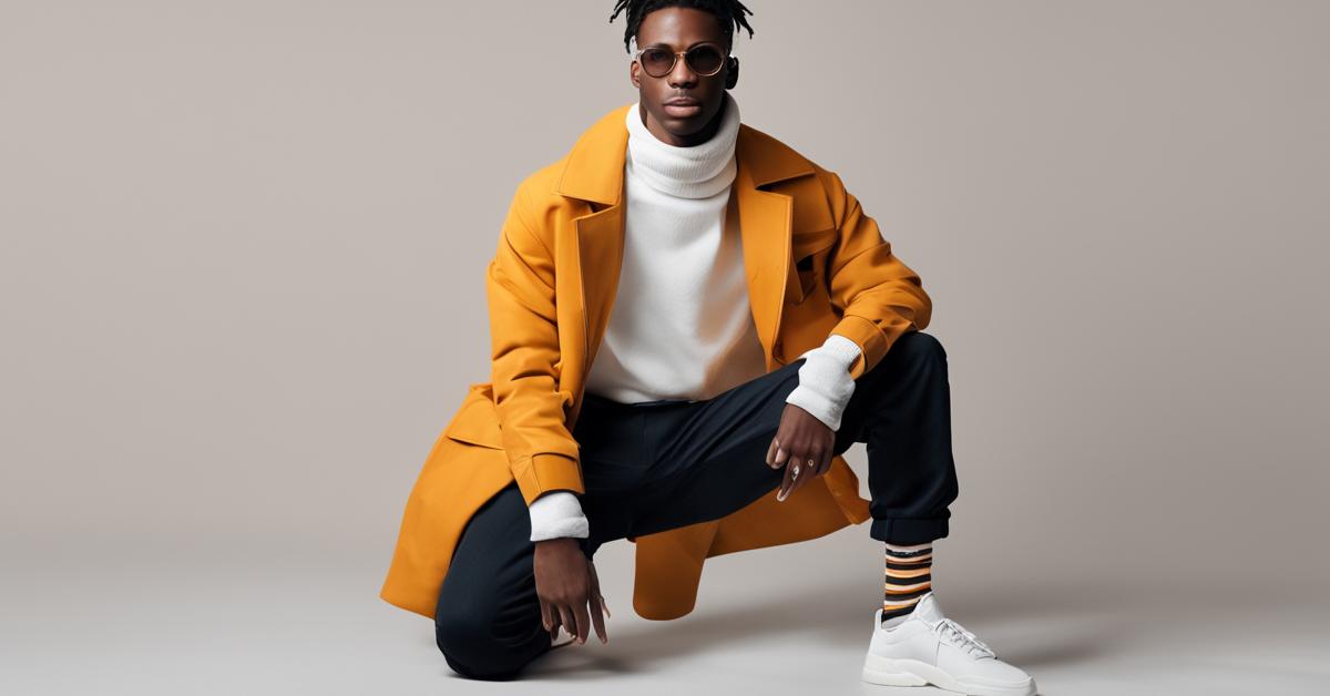 Dynamiczne zdjęcie influencerki prezentującej modny outfit ze skarpetkami noszonymi na spodniach, podkreślające pewność siebie i indywidualność.