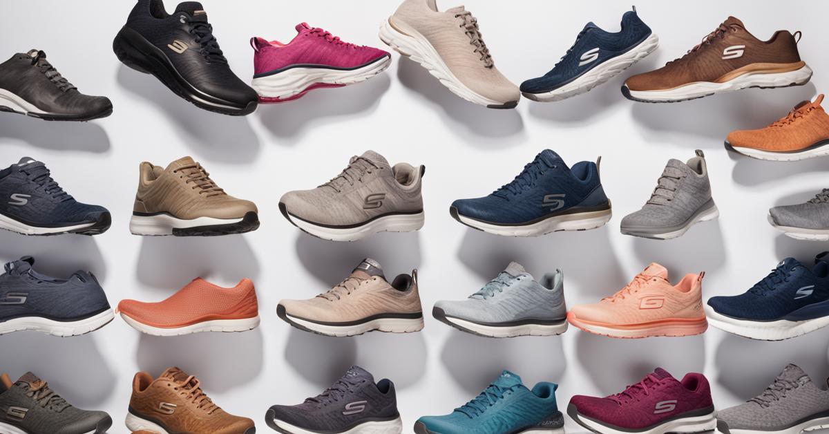 Różnorodność modeli butów Skechers, prezentująca style casualowe, sportowe i slip-in.