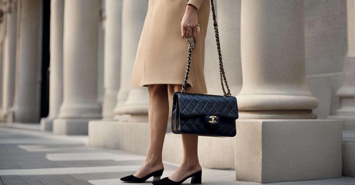 Torebka Chanel 2.55 noszona na ramieniu, ukazująca styl i elegancję.