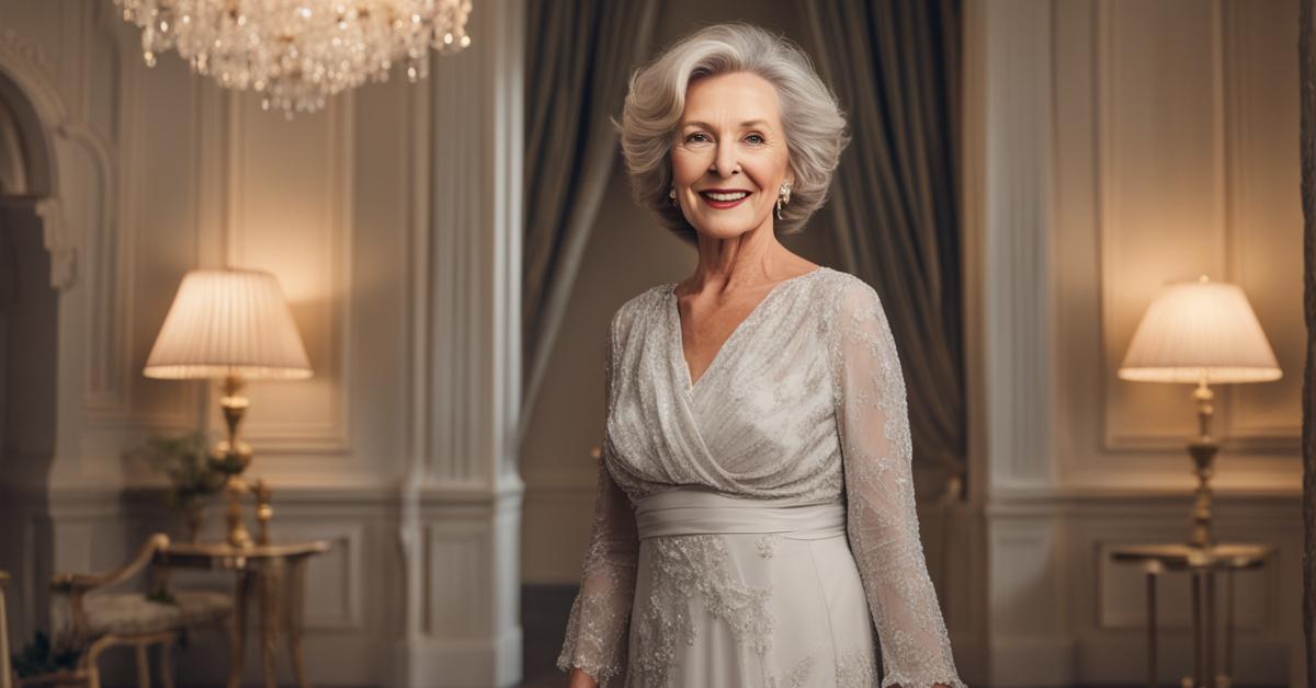 Kobieta 60+ w eleganckiej sukience wizytowej na uroczystej okazji, prezentująca szyk i pewność siebie.