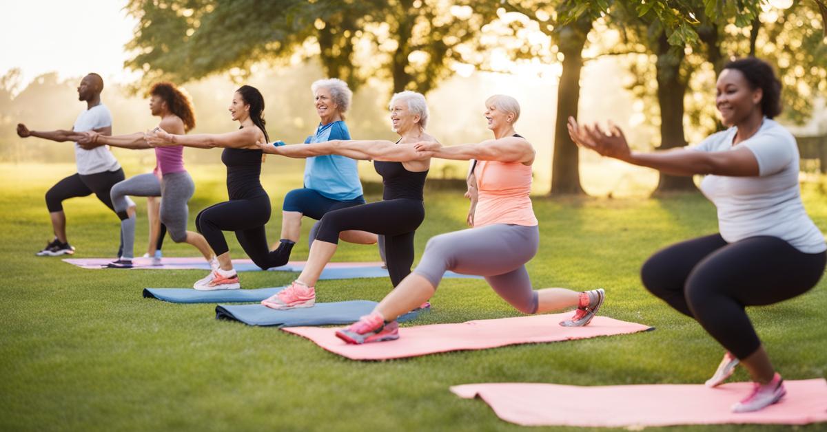 Różnorodne osoby uprawiające różne aktywności fizyczne, takie jak jogging, joga i podnoszenie ciężarów, na świeżym powietrzu, co symbolizuje znaczenie ćwiczeń w redukcji tłuszczu brzusznego związanego z zaburzeniami hormonalnymi.