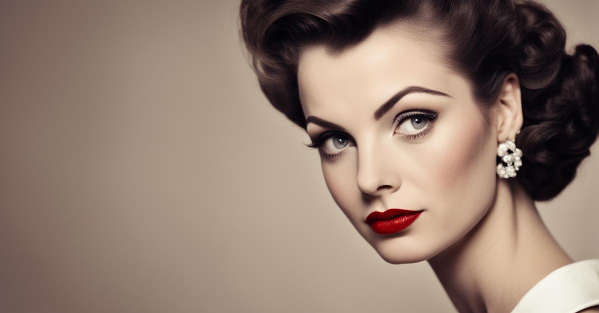 Zbliżenie makijażu i fryzury kobiety w stylu lat 50.: eyeliner, czerwona szminka i loki.
