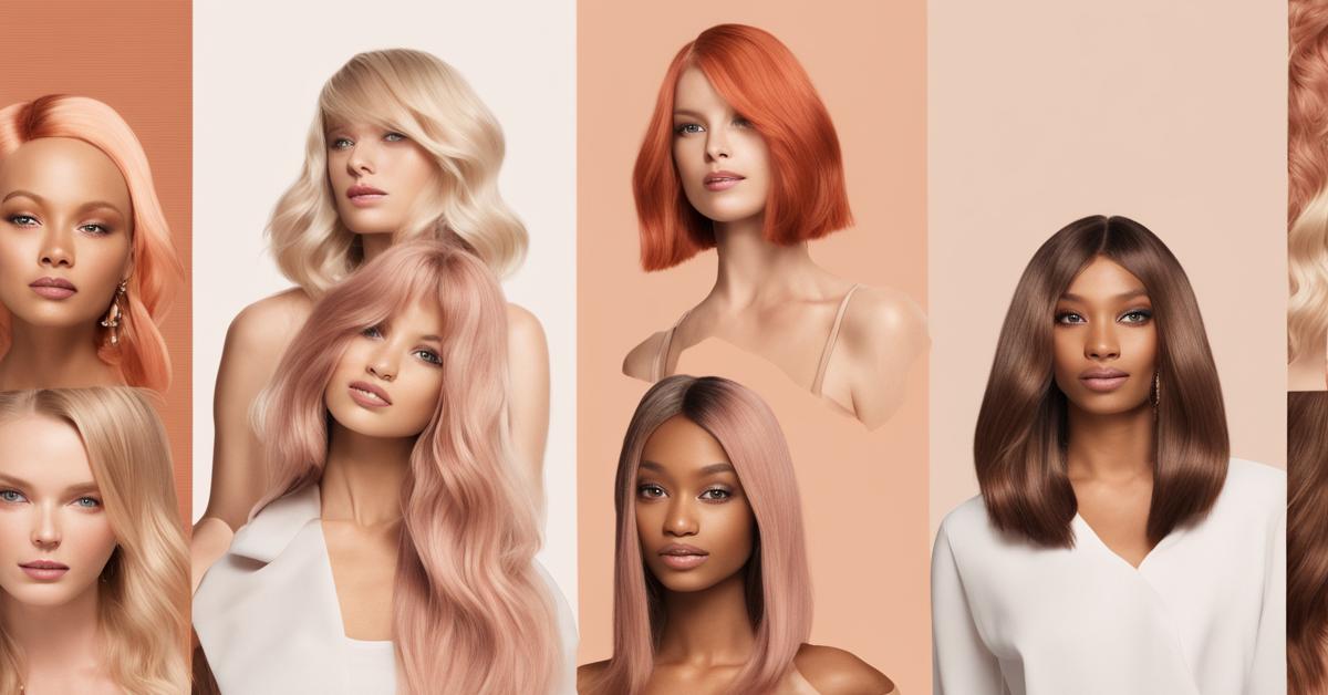 Kolaż przedstawiający trendy koloryzacji włosów z lat 2022-2025, w tym Barbie Blonde, Copper Peach i Mocha Melt, w kreatywnym ujęciu, na neutralnym tle.