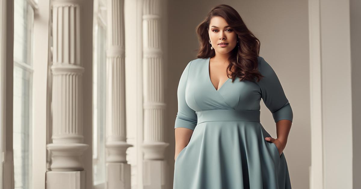 Elegancka kobieta plus size w sukience midi z dekoltem V i rękawami 3/4, podkreślająca korzystny wygląd sylwetki.