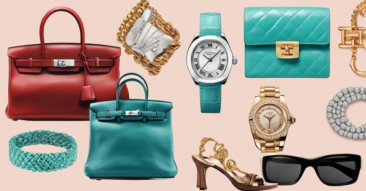 Kolaż luksusowych akcesoriów: torebka Hermès Birkin, torebka Chanel 2.55, zegarek Rolex, bransoletka Cartier i biżuteria Tiffany & Co.