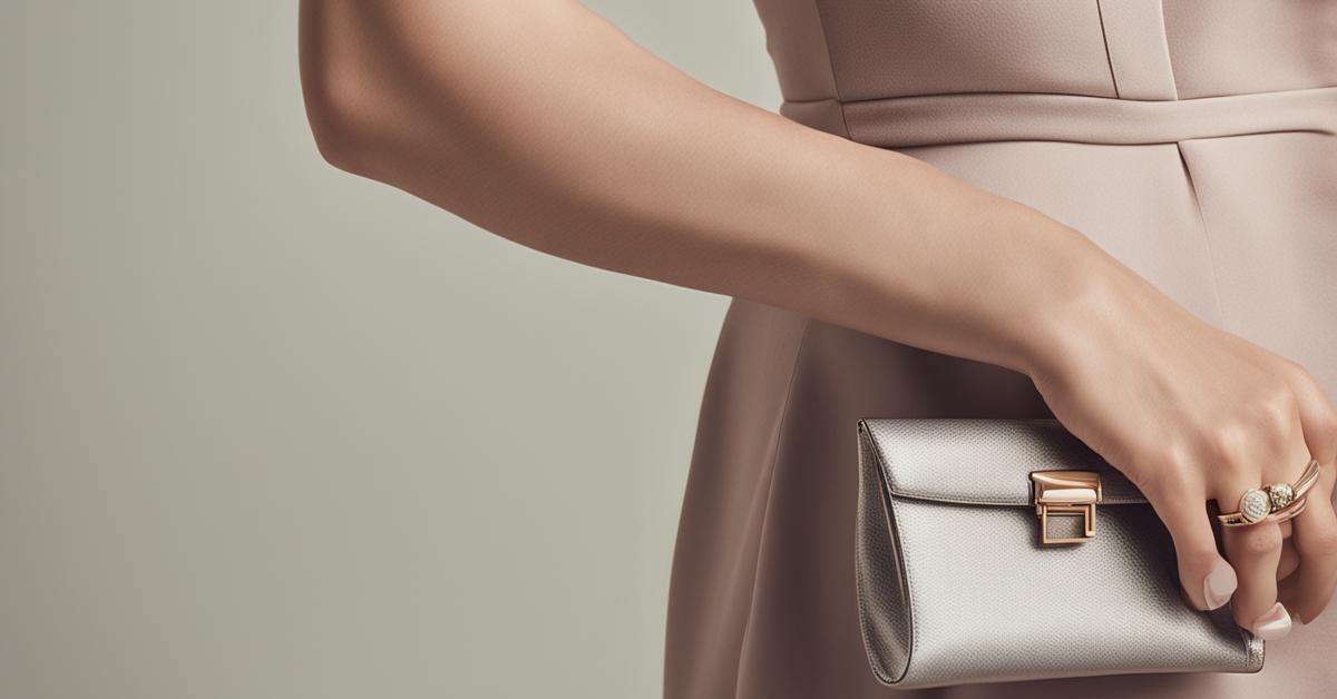 Zbliżenie na dłonie kobiety trzymającej elegancką kopertówkę, z widocznymi detalami biżuterii i fragmentem sukienki oraz butów.