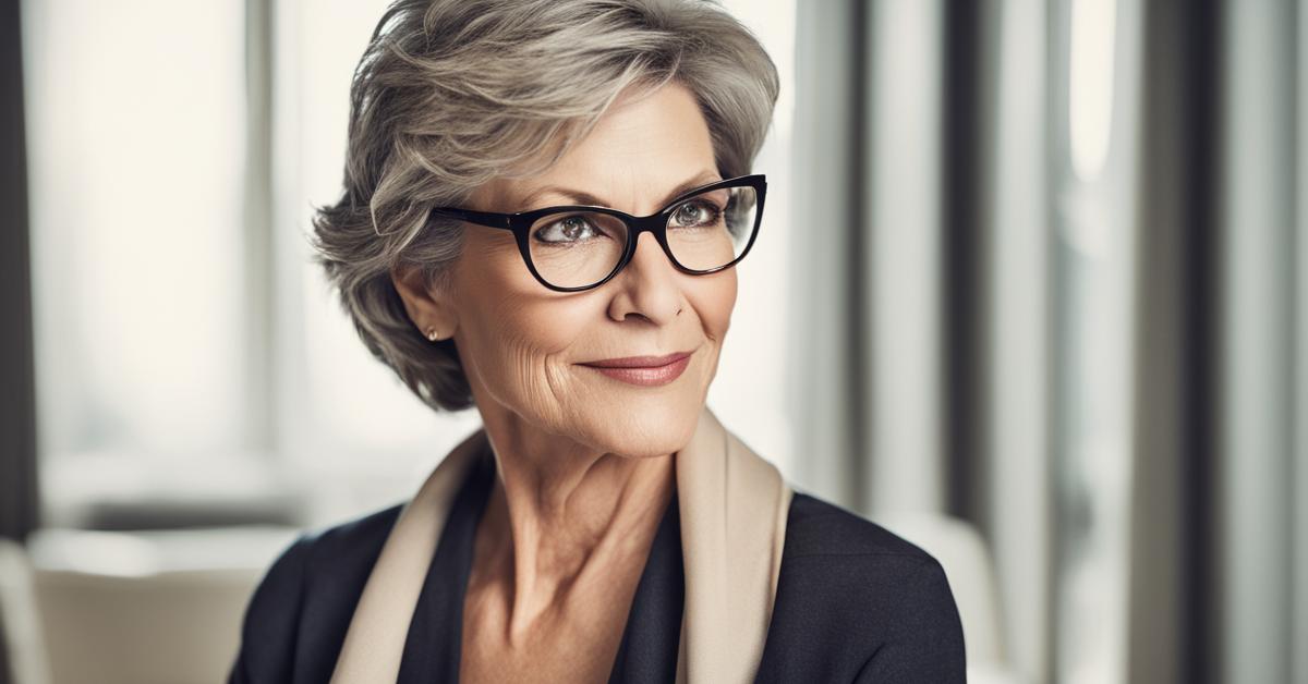 Portret dojrzałej kobiety w eleganckich okularach, podkreślający jej pewność siebie i wyrafinowany styl.