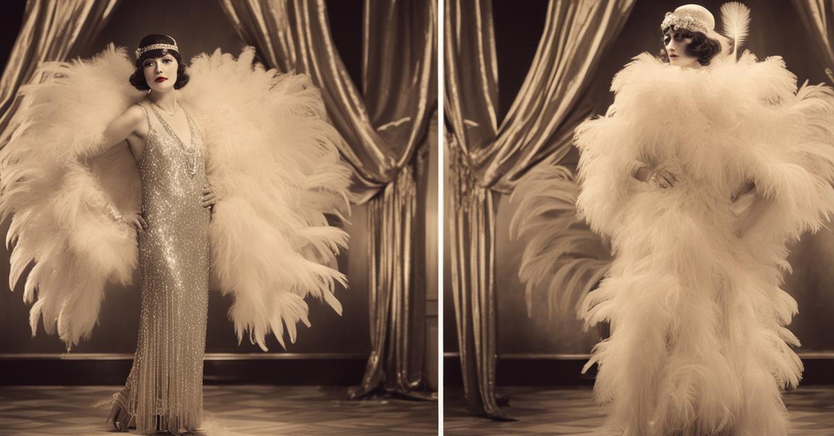Kobieca postać w pełnej długości, w wieczorowej sukni z lat 20. zdobionej cekinami i piórami, na tle balowej sali w stylu art deco.